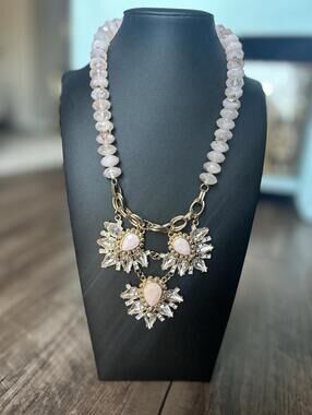 Gorgeous Statement Necklace Pink, Bronze, Gemstones. Triple Pendant, Excellent!
